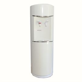 Water Cooler Model F528HB010-NWBL: A Model F528HB010-NWBL water cooler. This dual temp unit has a fill reservoir on the top with a pair of tab lever faucets for both hot and cold dispensing. It is a white and cream unit marked “Serial IF09H00441” with a three pronged plug attached.