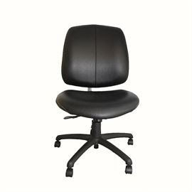 Adjustable Rolling Office Chair: An adjustable swivel office chair. This piece has a black plastic frame and a cushioned back and seat upholstered in black vinyl. It is supported by a swivel base with five legs on casters.