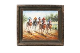 Framed Original Horse Race Oil on Canvas: A framed original horse race oil on canvas. The painting depicts five Thoroughbreds with jockeys, in bright silks, charging towards the finish. The painting is signed in the right bottom corner but is not legible. The oil on canvas is presented in a dark stained wood frame with carved elements with a wire fixed to the verso for hanging.