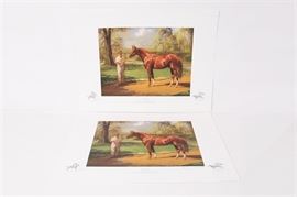 Signed Helen Hayse "Secretariat" Limited Edition Lithographs: A pair of signed Secretariat limited edition offset lithographs by Helen Hayse (American, 1913 – 2003). Secretariat, the 1973 Triple Crown winner, is depicted with his groom Luther Jones at Claiborne farm. The prints also feature pencil illustrations of jockeys racing on their steeds and a brief list of his lineage and races. The prints are numbered 83/500 and 79/500, and are signed in plate and by hand in graphite; dated 1987.