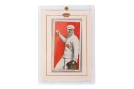 1910 Bill Carrigan Piedmont Cigarette Card: A 1910 Bill Carrigan Piedmont Cigarette card. The Topps 206s were released from the 1909 through 1911 seasons with a tobacco advertisement on the back. This card features a portrait of Bill Carrigan (1883-1969) wearing a Boston Americans uniform where he played as a backup catcher The card is presented and preserved in a hard plastic case.