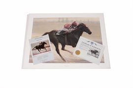 Seven Signed and Numbered "Afternoon Surprise" Offset Lithographs by James Crow: A collection of seven signed and numbered offset lithographs titled Afternoon Surprise by equine artist James Crow (American, b. 1933 ). The print features a thoroughbred and jockey racing towards the finish line. Two of the prints are artist proofs numbered 17/750 and 4/750, include COAs and are housed in individual folders. Two other prints are numbered 499/750, and 717/500. All included prints are signed in plate and by hand in pencil.