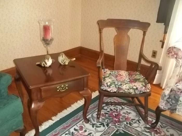end tables and vintage rocking chair