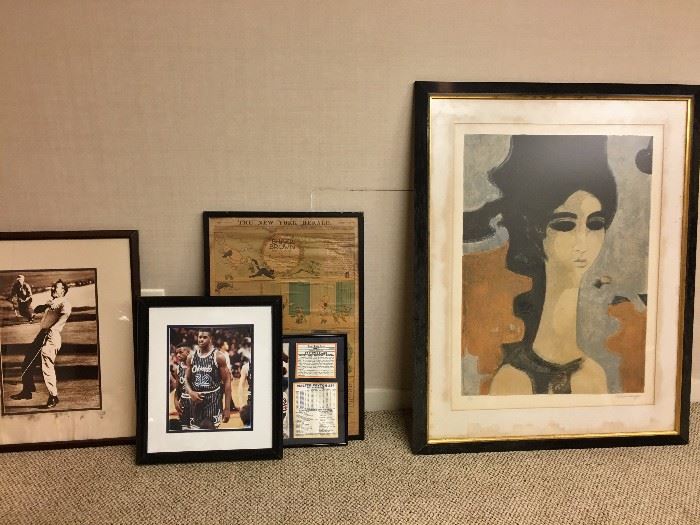 Framed prints, artwork, and memorabilia.