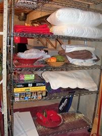 chrome/wire rack on wheels, linens and misc