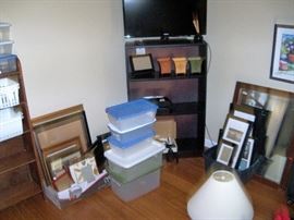 book case, frames, and bins