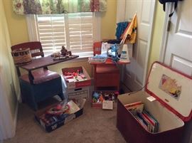 SOME VINTAGE IN THERE, CUTE OLD SCHOOL DESKS MORE IN GARAGE! 