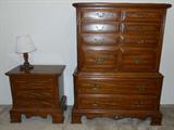 Early American Bedroom Suite. Solid wood. Set includes head board, foot board, tripple dresser with mirror, tall boy hutch and side table