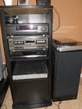 Zebra Acoustics speakers (2), black stereo cabinet/tower, turntable, Sony 5 CD changer, Technics 2 deck cassette player, Sherwood receiver, Grace turntable
