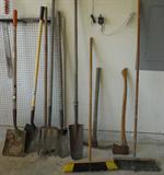 long handle garden tools: selection of shovels, axes, brooms, picks, etc
