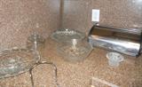 Cut glass, cake stand, stainless steel bread box