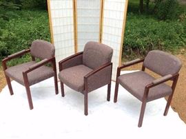3 Retro Matching Sturdy Fabric Wood Frame Office Waiting Room Lobby Reception Captain's Visitor Guest Chairs - Middle Chair is Ultra Comfortable! - Chairs are sturdy but have wear on wood & fabric due to age - no holes or tears
