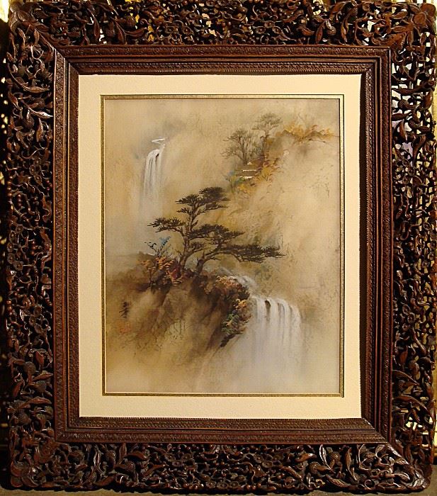 Fine Asian painting with amazing carved wood frame