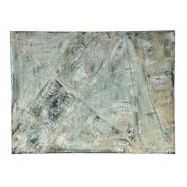 Melinda Esmond 2017 Contemporary Mixed Media on Canvas: An original 2017 contemporary mixed media painting with acrylic, plaster and resin on canvas by American artist and designer Melinda Esmond (20th/21st century). The image utilizes the rectangular shape of the canvas substrate to create a solid, neutral-colored plane of sensuous textures and sheen. White pigments are raked across pale, muted beiges and concrete grays, resulting in areas of scaly, primordial formations and ashy, marked terrain. Artist signature is signed and dated to the side of the canvas. This work is unframed, equipped to hang.