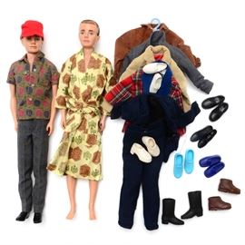 Vintage Ken Dolls with Accessories: A pair of vintage Ken dolls with accessories. The group includes a Ken doll marked “Ken Pats Pend MCMLX by Mattel Inc.” (1961); Ken doll marked “Ken Pats Pend MCMlX by Mattel Inc.” (1961); clothes, hangers, and shoes.
