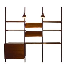 George Nelson for Omni Shelving Wall Unit: A Mid Century Modern George Nelson for Omni shelving wall unit. This unit features black aluminum and walnut veneered wood components. Included are eight shelves, four aluminum poles, one lower walnut cabinet with drawers, two lamps, and hardware.