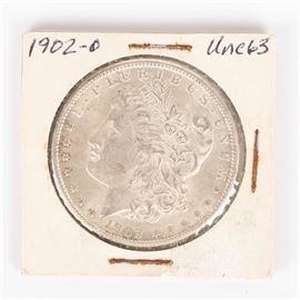 1902 O Morgan Silver Dollar: A 1902 O Morgan silver dollar. Designer: George T. Morgan. Mintage: 8,636,000. Metal content: 90% silver, 10% copper. Diameter: 38.1 mm. Weight: 26.73 grams.