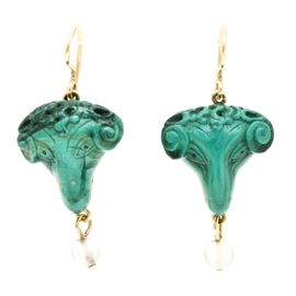 18K Yellow Gold Carved Malachite Ram's Head and Quartz Earrings: A pair of 18K yellow gold malachite and quartz Ram’s head earrings. Each features a cared Malachite ram’s head, finishing in a round quartz bead drop.