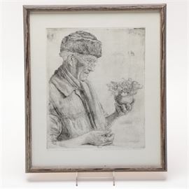 Paul Geissler Etching on Paper of Man With Flowerpot: A etching on paper of a man holding a flowerpot by German artist Paul Geissler (1881-1965), dated 1951. Signed in plate and dated to the lower right corner, the monochromatic print depicts a older gentleman wearing glasses and holding a potted plant. A handwritten note in German and the name of the artist are present to the lower margin. Mounted under glass, the print is presented in a stained wood frame with a wire present to verso for hanging purposes.