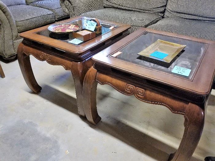 Pair of beautiful Asian glass top end tables