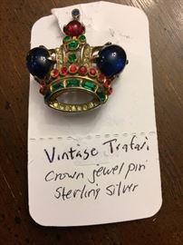 Vintage Trifari Crown Jewel Sterling Silver Pin.