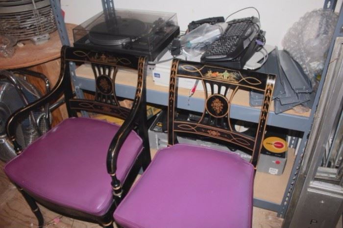 Pair Stenciled Asian Chairs, Turntable and Electronics