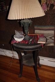 Round Side Table with Lamp, Geode and Fabric