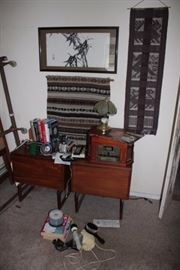 Pair of Small Cabinets / Night Stands, Art and Fabric with Household Items