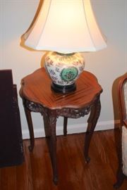 Wood Carved Side Table with Decorative Lamp