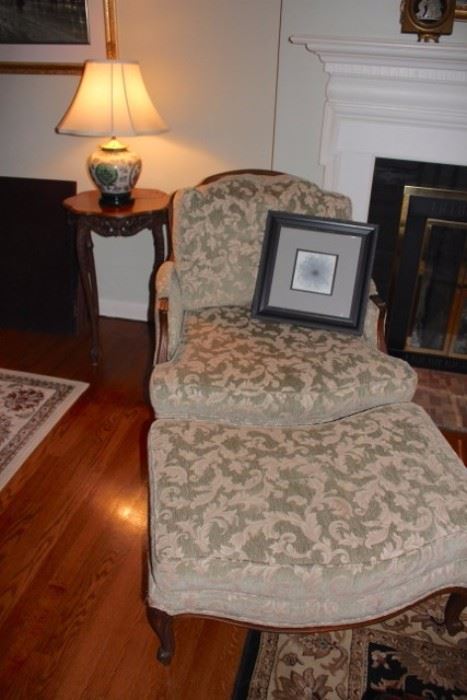 Chair & Ottoman with small Side Table, Lamp  Floral Picture