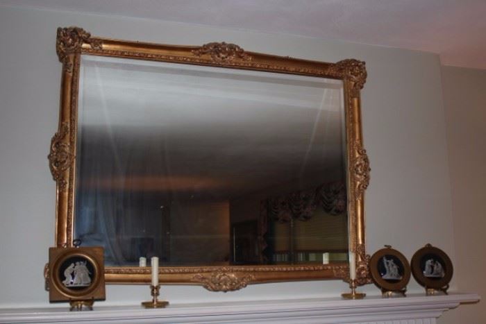 Large Gold Framed Mirror, Candle Sticks and Decorative