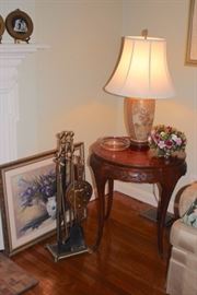 Round Wood Side Table, Lamp, Fireplace Tools, Art and Decorative Floral