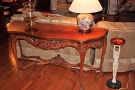 Console Table, Hurricane Lamp, Lamp and Statue / Ashtray