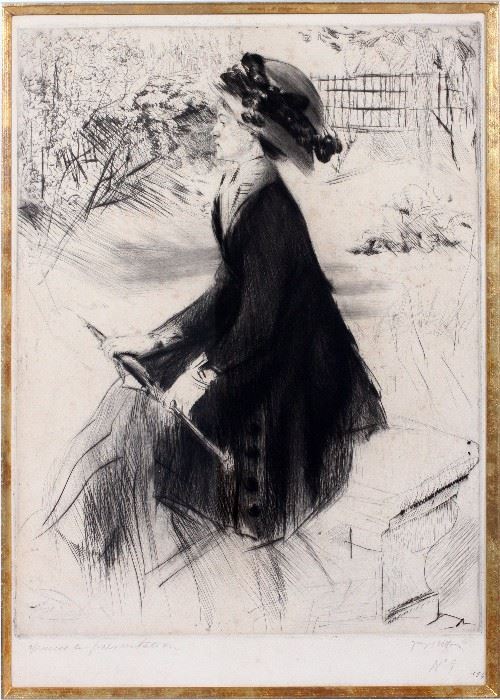2012 JACQUES VILLON (FRENCH, 1875-1963), DRYPOINT, H 20.5", W 16", "LA BANC DE PIERRE AU JARDIN"