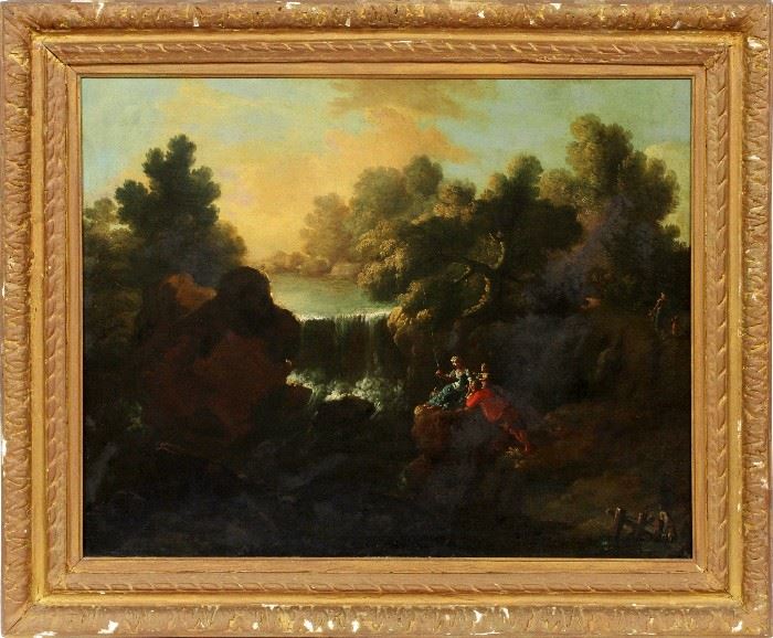 2067 ITALIAN OIL ON CANVAS, C. 1800, H 25", W 31", LANDSCAPE WITH FIGURES
