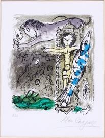 2028 MARC CHAGALL (FRENCH/RUSSIAN, 1887-1985), COLOR LITHOGRAPH, IMAGE: H 9 1/2", W 8 3/8", "CHRIST ON THE CLOCK"