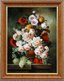2113 ELBECO, CONTEMPORARY OIL ON CANVAS, H 30", W 40", STILL LIFE OF FLOWERS & GRAPES
