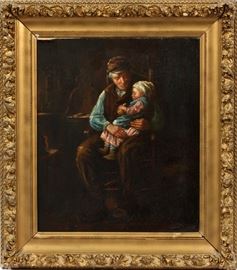 2108 DUTCH OIL ON CANVAS, C. 1900, H 24", W 20", FATHER HOLDING A CHILD
