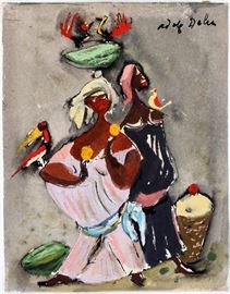 13 ADOLF DEHN (AMERICAN, 1895-1968), GOUCHE ON PAPER, H 6 1/2", L 5", TWO FIGURES WITH BIRDS