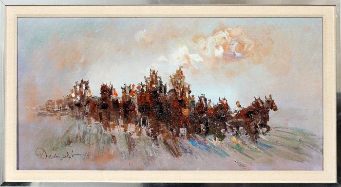 2234 SIGNED, OIL ON CANVAS, 1974, H 20", W 40", HORSE RACE
