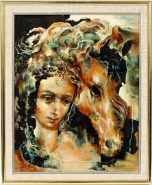 2235 STAN BURNS, OIL ON MASONITE, H 20", W 16", YOUNG GIRL WITH A HORSE