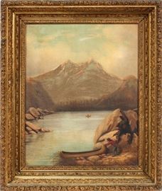 98 UNSIGNED, OIL PAINTING, H 20", W 16", MOUNTAIN LANDSCAPE WITH FIGURES WITH CANOES