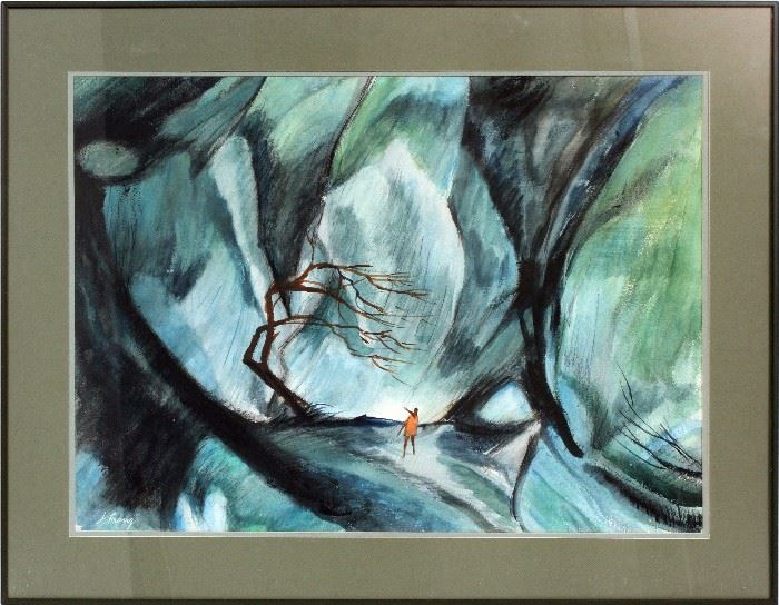 2430 J. FRANZ, MODERN WATERCOLOR, C. 1971, H 21", W 28", ABSTRACT LANDSCAPE WITH FIGURE
