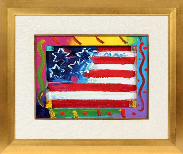 2022 PETER MAX (AMERICAN, B. 1937), ACRYLIC ON CANVAS, 1995, H 12", W 16", "FLAG WITH HEART-VER I #10"