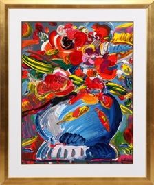 2254 PETER MAX (AMERICAN, B. 1937), SERIGRAPH, IMAGE:  36" X 28", "FLOWERS IN A BLUE VASE"