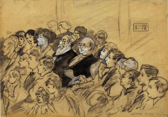 2149 JEROME MYERS (1867-1940) DRAWING 1913 H 7 3/4" L 11 1/4" "AT THE MOVIES"