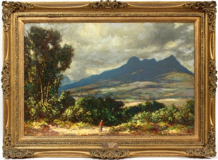 2128 EDWARD ROWORTH (SOUTH AFRICA, 1880-64), OIL ON MASONITE, 1950, H 19 1/2", W 29 1/2", "STORMY WEATHER, HELDERBERG VALLEY"