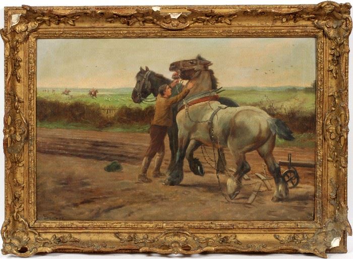 2127 JOHANNES DANIEL BELMER (DUTCH, 1827-1909), OIL ON CANVAS, H 19 1/4", W 29 1/4", MAN WITH HORSES