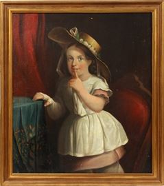 2008 ATTRIBUTED TO JOSEPH WHITING STOCK (US, 1815-1855), OIL ON CANVAS LAID DOWN ON BOARD, CIRCA 1850, H 30", L 26", PORTRAIT OF A YOUNG GIRL