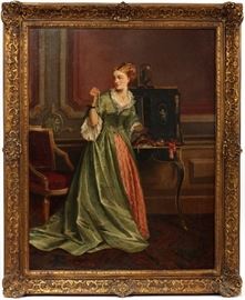 2070 T. FAED (SCOTTISH 1826-1900), OIL ON CANVAS, H 36 1/4", W 28", "LADY SELECTING JEWELRY"